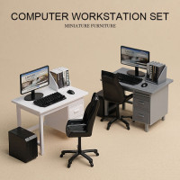 迷你仿真電腦桌椅辦公室牛馬桌微縮場景桌面擺件扮家家酒娃娃屋模型