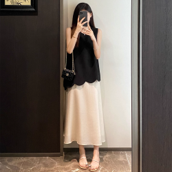 GOLUERJI暮夜星光 萊賽爾亞麻圓領薄款拼接假兩件背心連衣裙女夏