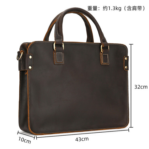 復古瘋馬皮公文包16寸牛皮手提單肩包通勤文件包男真皮briefcase