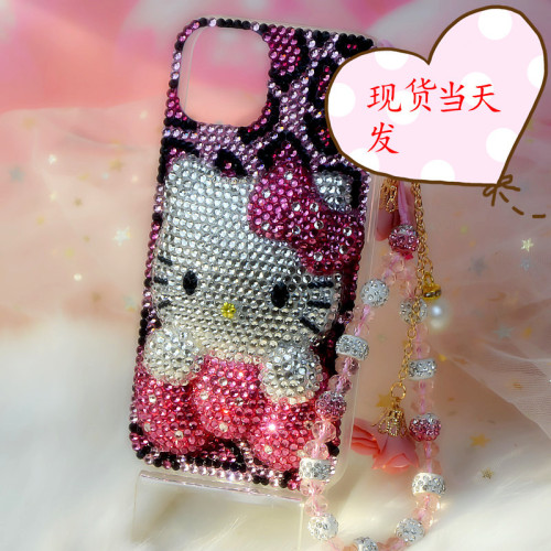 適用iPhone15pro max蘋果14手機殼8plus水鑽豹紋卡通可愛KT貓全包