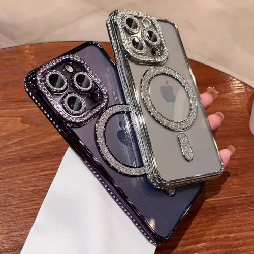 適用iPhone15邊鑽磁吸透明16pro手機殼蘋果14promax矽膠TPU保護套