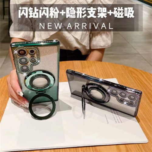三星25Ultra手機殼水鑽閃粉電鍍磁吸支架女款適用S24軟殼防摔 三星25Ultra手機殼水鑽閃粉電鍍磁吸支架女款適用S24軟殼防摔