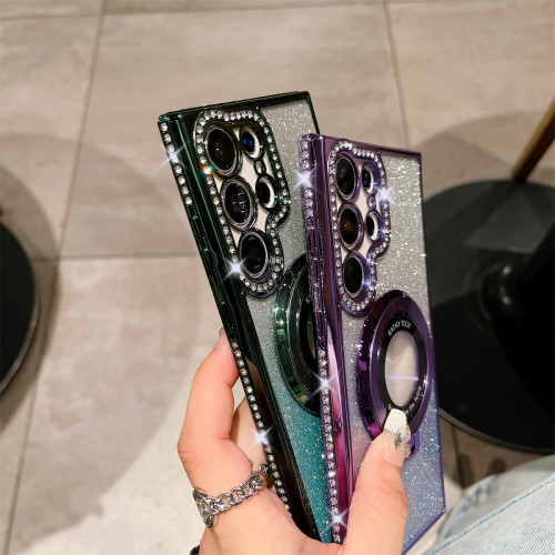 三星25Ultra手機殼水鑽閃粉電鍍磁吸支架女款適用S24軟殼防摔 三星25Ultra手機殼水鑽閃粉電鍍磁吸支架女款適用S24軟殼防摔