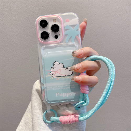 適用蘋果16PRO創意掛繩卡包手機殼iphone11/14卡通小狗tpu保護套