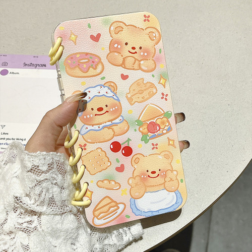 適用蘋果16pro創意支架保護套可愛小熊iphone15繙蓋書本手機殼14
