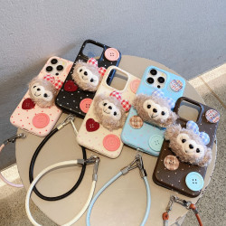 秋冬天毛絨菲熊紐釦掛繩蘋果16promax防摔全包17AIR皮紋手機殼