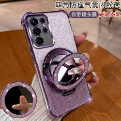 適用三星S26ultra手機殼閃粉補妝鏡支架S25防摔套3A54A57新款奢華