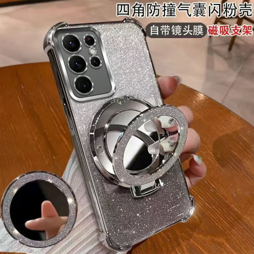 適用三星S26ultra手機殼閃粉補妝鏡支架S25防摔套3A54A57新款奢華
