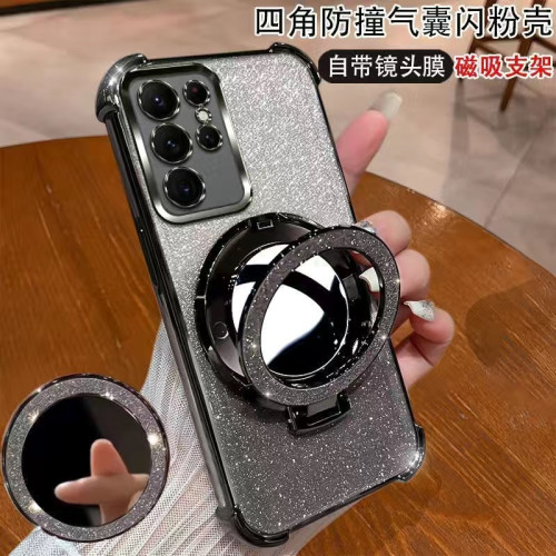 適用三星S26ultra手機殼閃粉補妝鏡支架S25防摔套3A54A57新款奢華