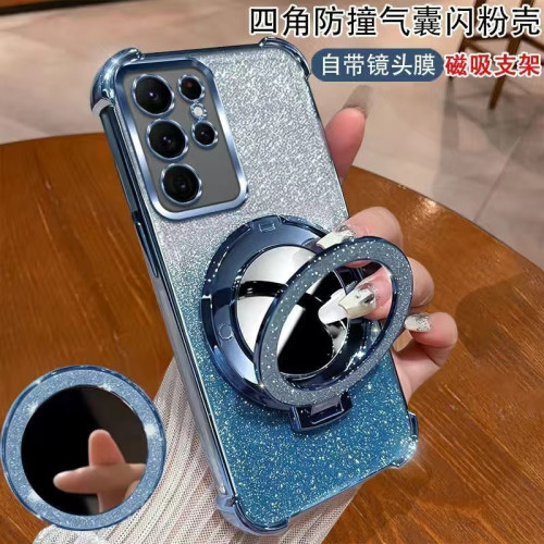 適用三星S26ultra手機殼閃粉補妝鏡支架S25防摔套3A54A57新款奢華