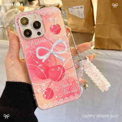 小清新適用於蘋果17PM蝴蝶結手機殼高級感iphone15櫻桃蕾絲保護套