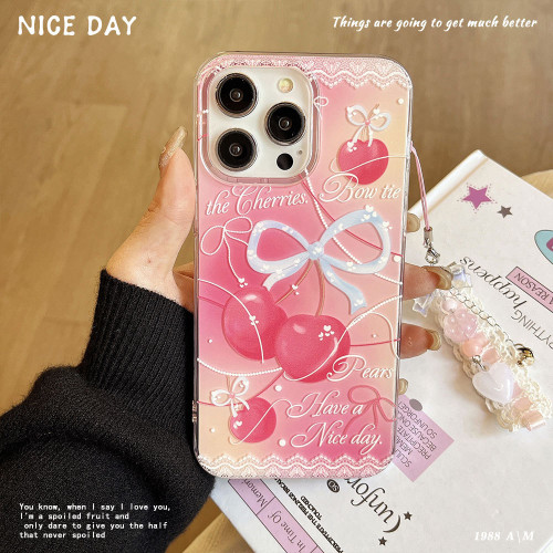 小清新適用於蘋果17PM蝴蝶結手機殼高級感iphone15櫻桃蕾絲保護套