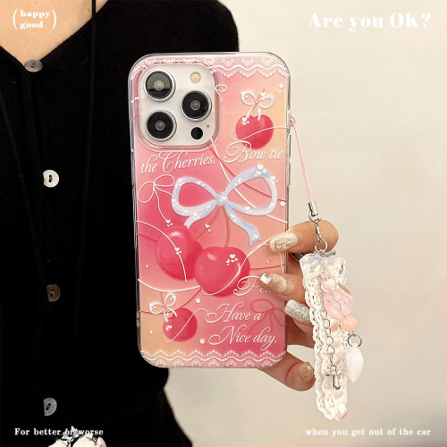 小清新適用於蘋果17PM蝴蝶結手機殼高級感iphone15櫻桃蕾絲保護套