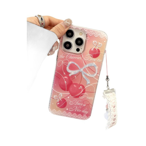 小清新適用於蘋果17PM蝴蝶結手機殼高級感iphone15櫻桃蕾絲保護套