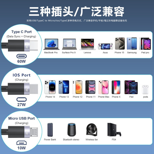  三合一多功能手錶磁吸充伸縮二拖三手機數據線年度創意禮品
