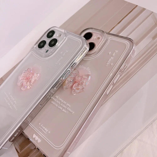 3D粉蝴蝶結適用iPhone16ProMax手機殼蘋果14Plus透明15Pro仙女17