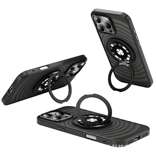 適用蘋果16Promax膚感波浪紋360旋轉支架磁吸手機殼大孔iPhone15