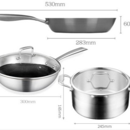 家用304不鏽鋼鍋具套裝炒鍋平底鍋湯鍋煎鍋炊具廚具三件套禮品