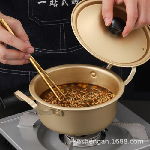 韓式金色黃鋁泡麵鍋 家用帶蓋雙耳辛拉面方便面小煮鍋