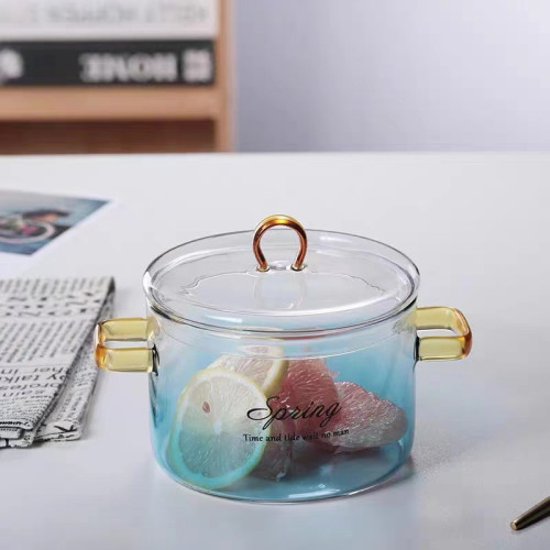 直髮藍色漸變玻璃碗泡麵鍋沙拉碗網紅同款北歐風雙耳鍋帶蓋