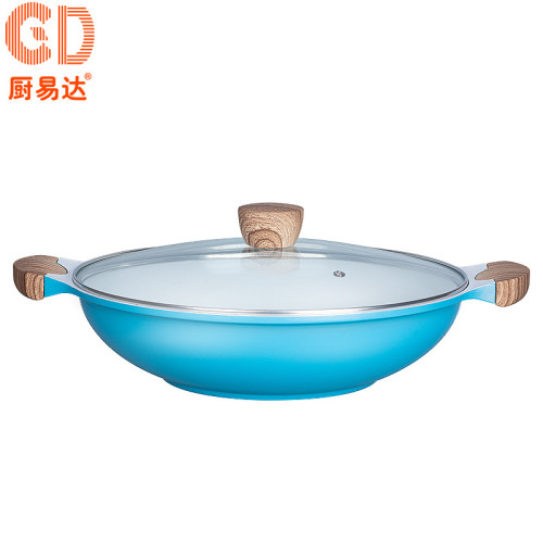 廚易達CD 木紋柄防燙炒鍋內白外藍28-32cm鋁合金無煙不沾鍋玻璃蓋