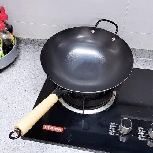 家用老式炒菜鐵鍋無塗層不沾鍋電磁爐通用平底氮化防鏽炒菜鍋加厚