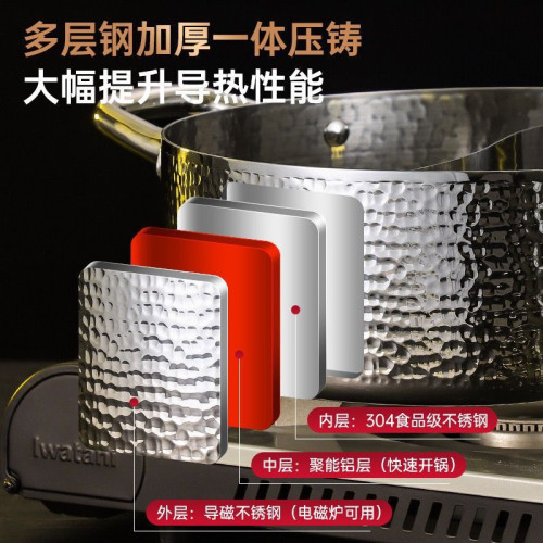 304不鏽鋼火鍋加厚三層鋼鎚紋清湯鴛鴦火鍋家用電磁爐涮煮鍋商用