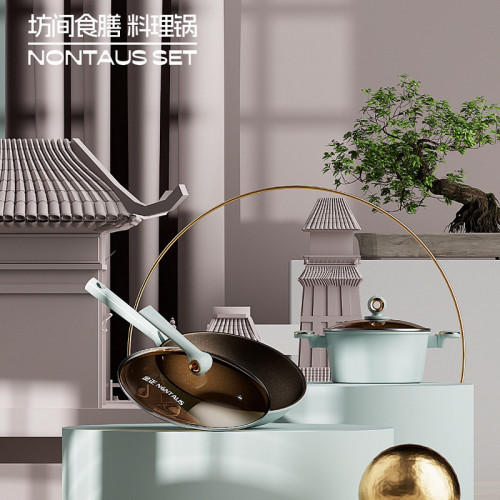 金正禮品鍋具套裝炒鍋湯鍋兩件套鈦鍋炒菜鍋燉煮鍋煲湯鍋平底鍋具
