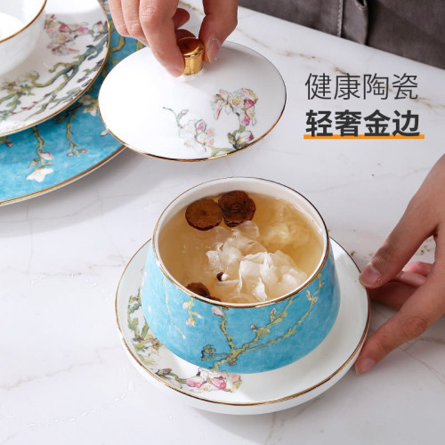 宮廷風歐式燕窩陶瓷隔水燉盅帶蓋罐酒店蒸湯盅帶暖爐可訂 製