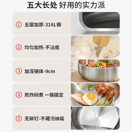 食品級加厚316不鏽鋼平底炒鍋不沾鍋家用電磁爐無塗層加深炒菜鍋