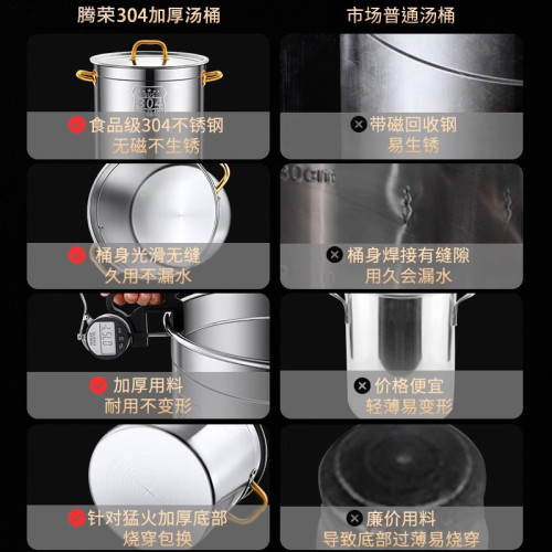 加厚食品級304不鏽鋼桶圓桶帶蓋可商用湯桶燉煮滷肉鹵桶水桶熬湯