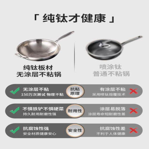 鴻牛純鈦炒鍋無塗層不沾鍋魚鱗鎚紋鈦炒鍋鈦合金家用平底炒鍋