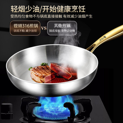 鏗鏘316不鏽鋼平底鍋無塗層牛排家用不沾鍋小號電磁爐專用炒菜鍋