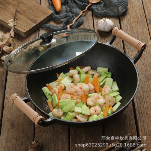 鑄鐵加厚炒鍋雙耳平底炒菜鍋生鐵鍋老式大鐵鍋無油煙電磁爐瓦斯爐