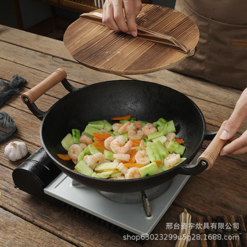 鑄鐵加厚炒鍋雙耳平底炒菜鍋生鐵鍋老式大鐵鍋無油煙電磁爐瓦斯爐