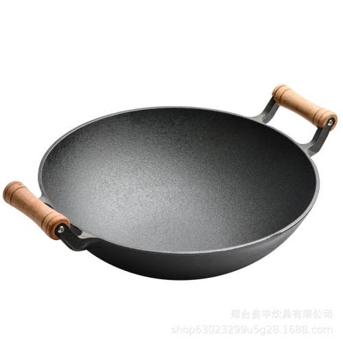 鑄鐵加厚炒鍋雙耳平底炒菜鍋生鐵鍋老式大鐵鍋無油煙電磁爐瓦斯爐