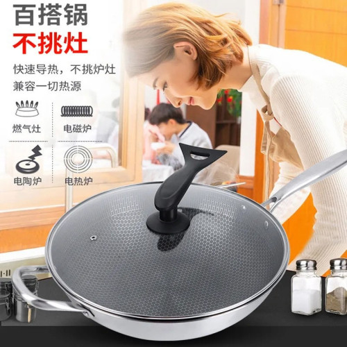 爆款不鏽鋼炒鍋加厚全屏蜂窩無塗層不沾鍋平底鍋禮品鍋具