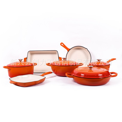 鑄鐵琺瑯鍋7件套媽咪鍋無塗層湯鍋煎盤7PCS SET禮品鍋fry pan