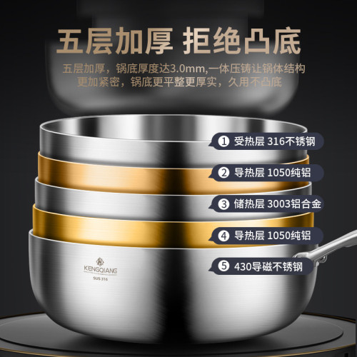 鏗鏘不鏽鋼炒鍋316不鏽鋼平底煎鍋加深無塗層小炒鍋電磁爐炒菜鍋