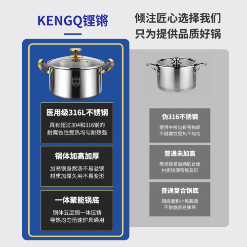 特厚無塗層316L不鏽鋼加深湯鍋家用瓦斯電磁爐蒸煮燉鍋雙耳高湯鍋
