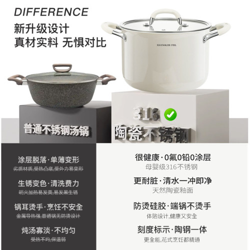 湯鍋家用2025新款無塗層316不鏽鋼燉煮粥陶瓷不沾鍋雙耳鍋電磁爐