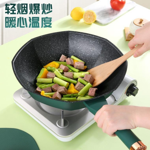 麥飯石不沾鍋家用炒菜鍋不沾少菸八角鍋禮品鍋瓦斯爐通用健康