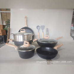 12件套黑色麥飯石不沾鍋家用鍋具套裝煎炒鍋湯鍋套裝鋁鍋