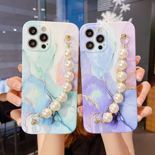 炫彩大理石珍珠鍊iphone15Promax手機殼蘋果16全包殼xs適用7/8p