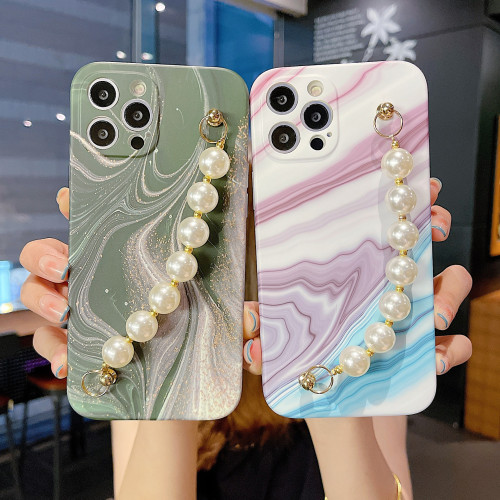 炫彩大理石珍珠鍊iphone15Promax手機殼蘋果16全包殼xs適用7/8p