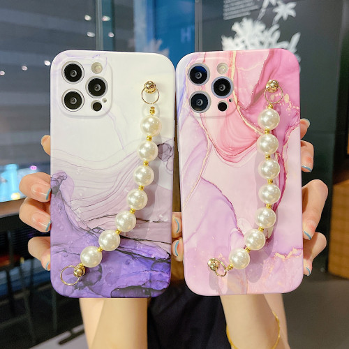 炫彩大理石珍珠鍊iphone15Promax手機殼蘋果16全包殼xs適用7/8p