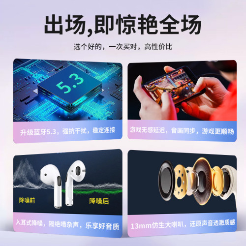 藍牙耳機無線超長續航半入耳式耳機降噪通用安卓運動遊戯耳機