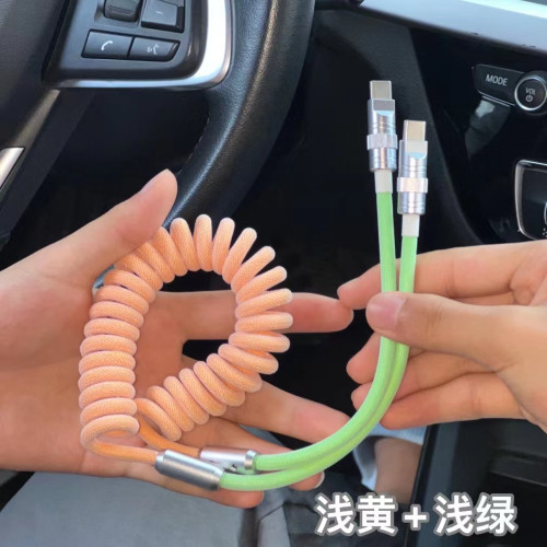 車用撞色彈簧線PD100W適用於華爲蘋果15carplay29W快充數據充電線