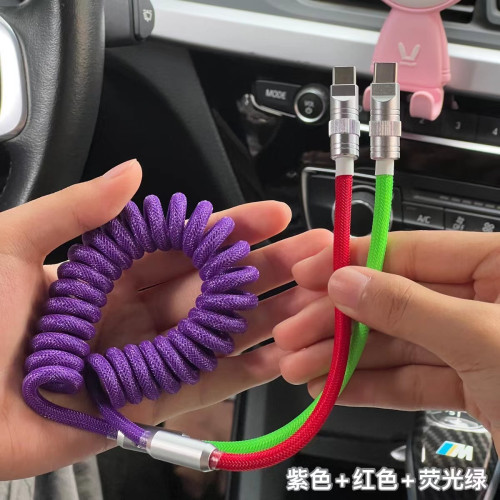 車用撞色彈簧線PD100W適用於華爲蘋果15carplay29W快充數據充電線