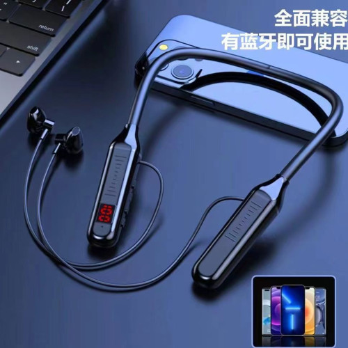 掛脖式無線藍牙耳機帶數顯功能大容量半入耳運動立體聲掛脖式耳機